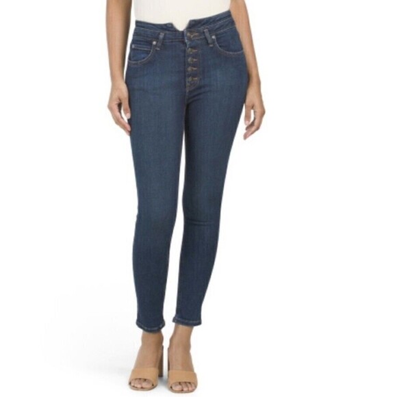 Free People Jeans Women's Size 24 DarkBlue Stretch Denim Skinny Leg Button New
